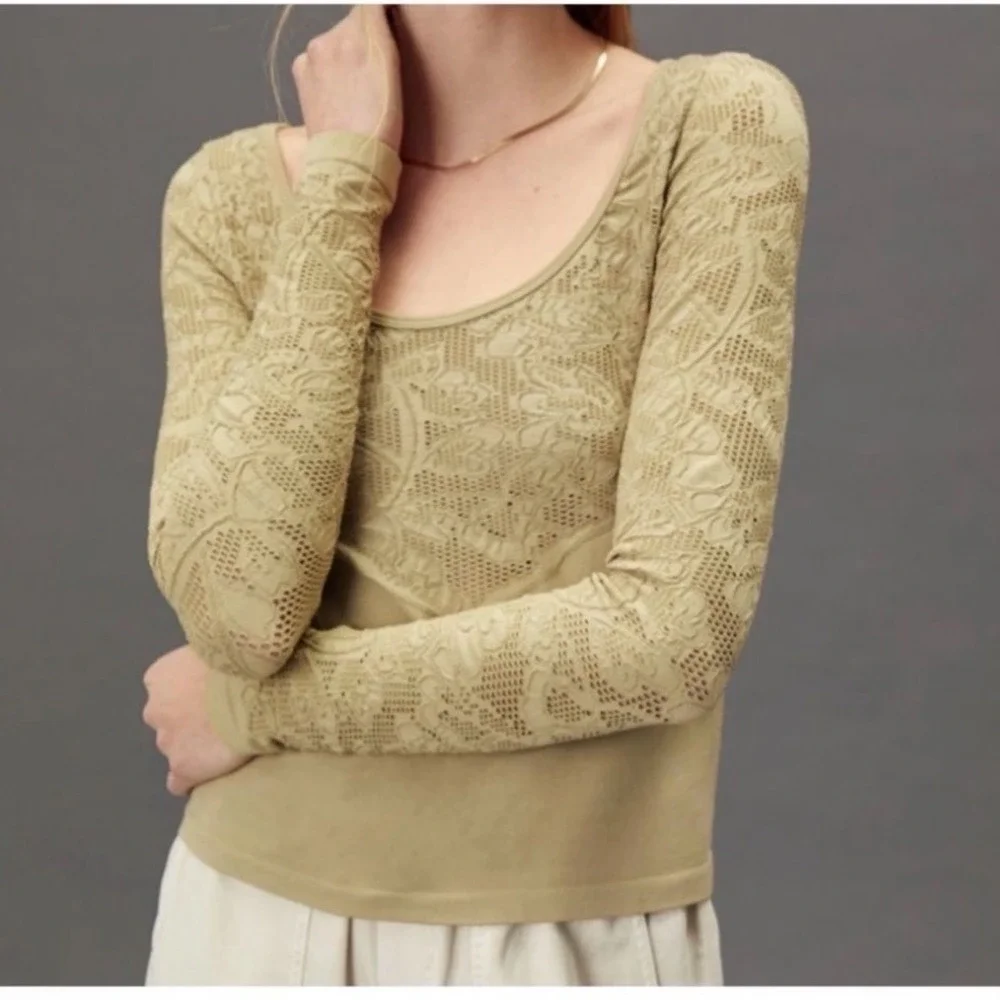New Anthropologie Lace Detail Boat Neck‎ Long Sleeve Top Olive Green stretch s